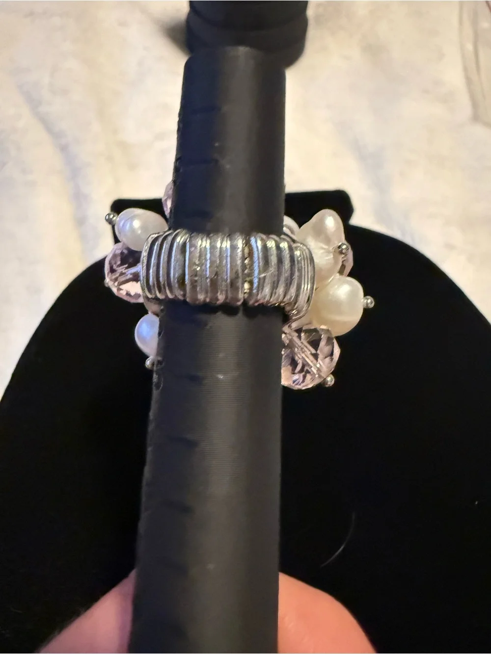 Elegant Pearl & Light Pink Crystal Cluster Stretch Ring - Women's Jewelry